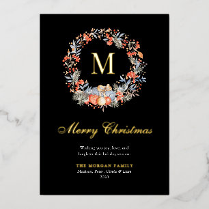 Elegant Monogram Wreath Modern Black Gold Foil Holiday Card