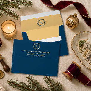Elegant Monogram Wreath Navy Blue & Gold Christmas Envelope