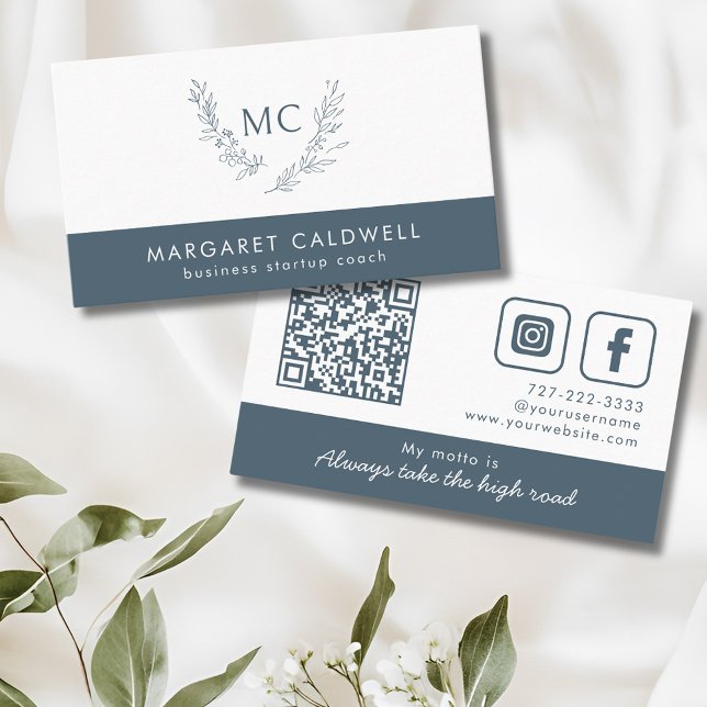 Elegant Monogram Wreath Neutral Slate Business Card (Slate Gray Monogram Wreath Social Media Business Card)