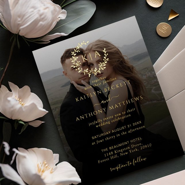 Elegant Monogram Wreath Photo Wedding Real Foil Invitation (Creator Uploaded)