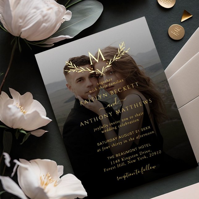 Elegant Monogram Wreath Photo Wedding Real Foil Invitation (Creator Uploaded)