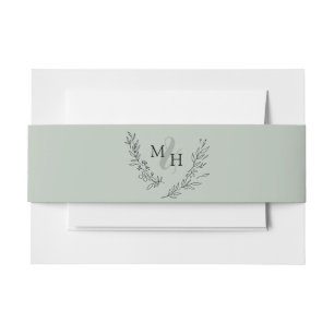 Elegant Monogram Wreath Sage Invitation Belly Band