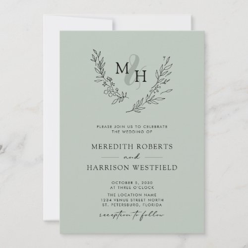  Elegant Monogram Wreath Sage Wedding Invitation