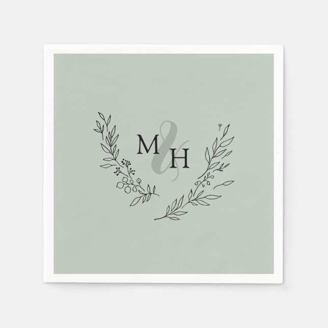 Elegant Monogram Wreath Sage Wedding Napkins (Front)