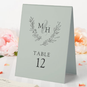 Elegant Monogram Wreath Sage Wedding Table Tent
