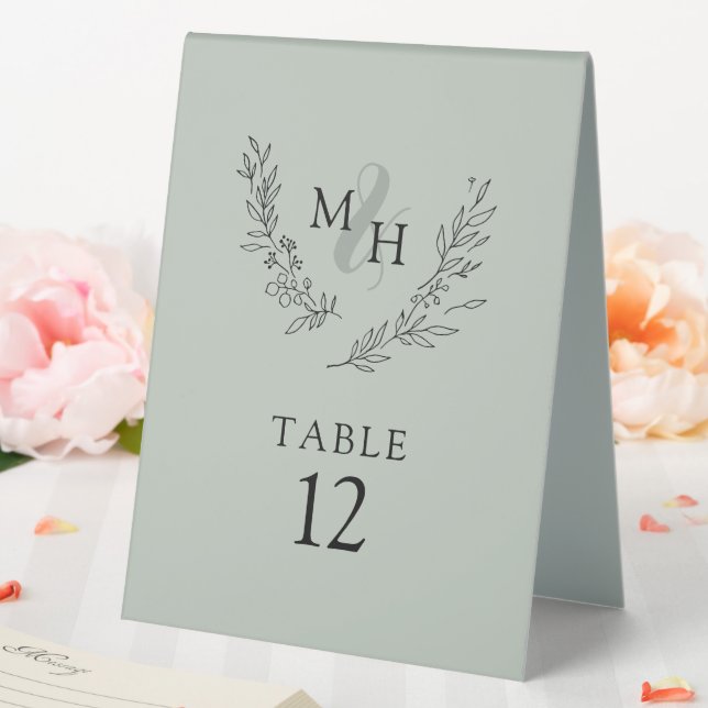 Elegant Monogram Wreath Sage Wedding Table Tent (In SItu (Wedding))
