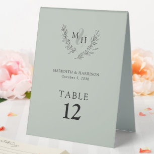 Elegant Monogram Wreath Sage Wedding Table Tent