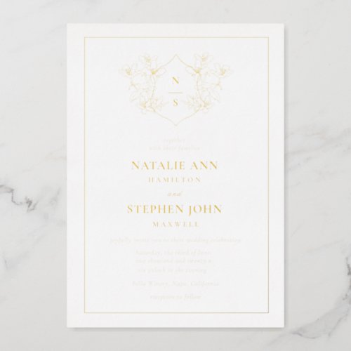 Elegant Monogram Wreath Wedding Gold Foil Invitation