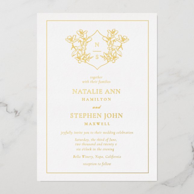 Elegant Monogram Wreath Wedding Gold Foil Invitation (Front)