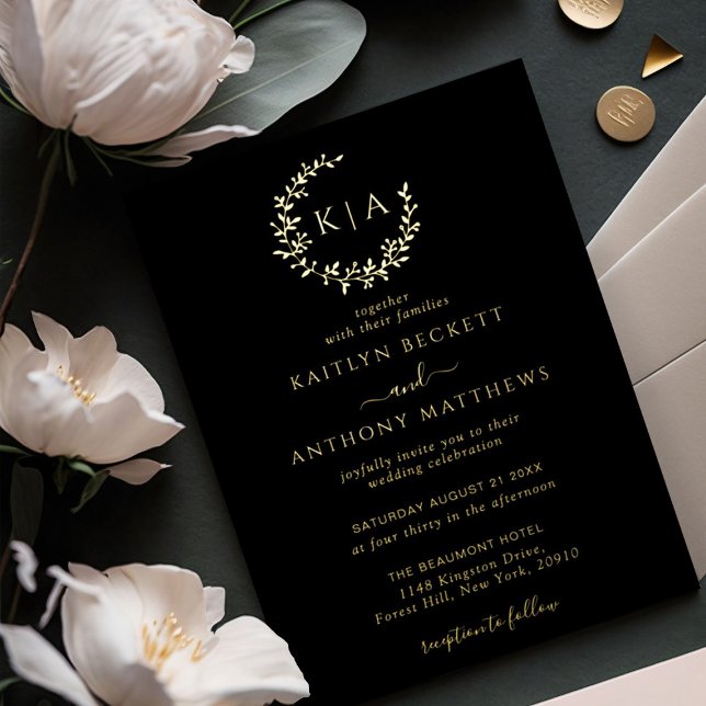 Elegant Monogram Wreath Wedding Real Foil Invitation (Creator Uploaded)