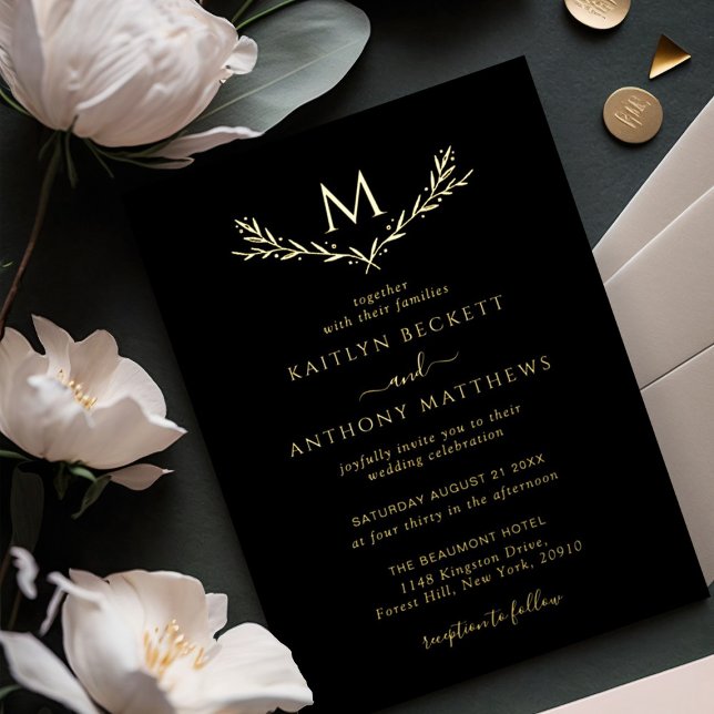Elegant Monogram Wreath Wedding Real Foil Invitation (Creator Uploaded)