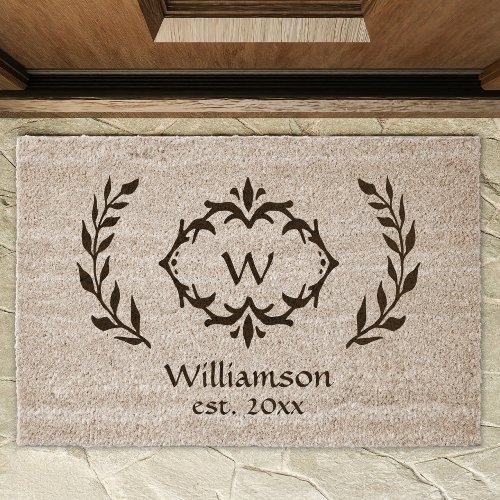  Elegant Monogram Wreath Welcome Name Initial Coir Fiber Doormat