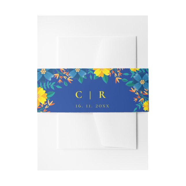 Elegant Monogram Yellow and Blue Floral Wedding Invitation Belly Band (Front Example)