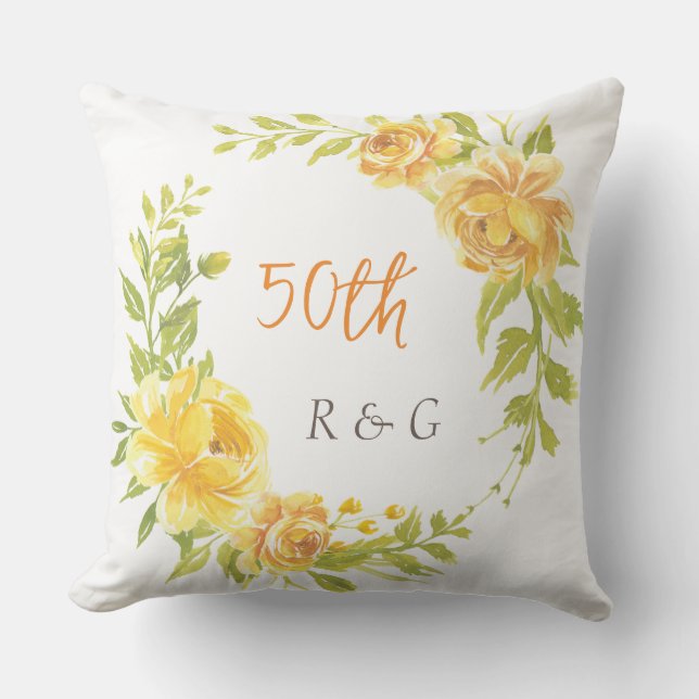 Elegant Monogram Yellow Flower Wreath Wedding 50th Outdoor Pillow (Front)