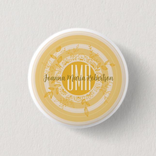 ELEGANT MONOGRAM YELLOW GOLD CREAM FLOWERS CUSTOM  BUTTON (Front)