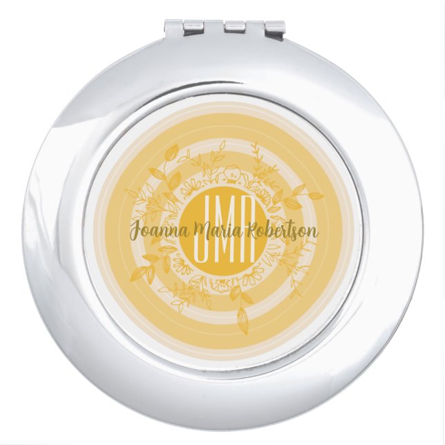 ELEGANT MONOGRAM YELLOW GOLD CREAM FLOWERS CUSTOM COMPACT MIRROR (Front)