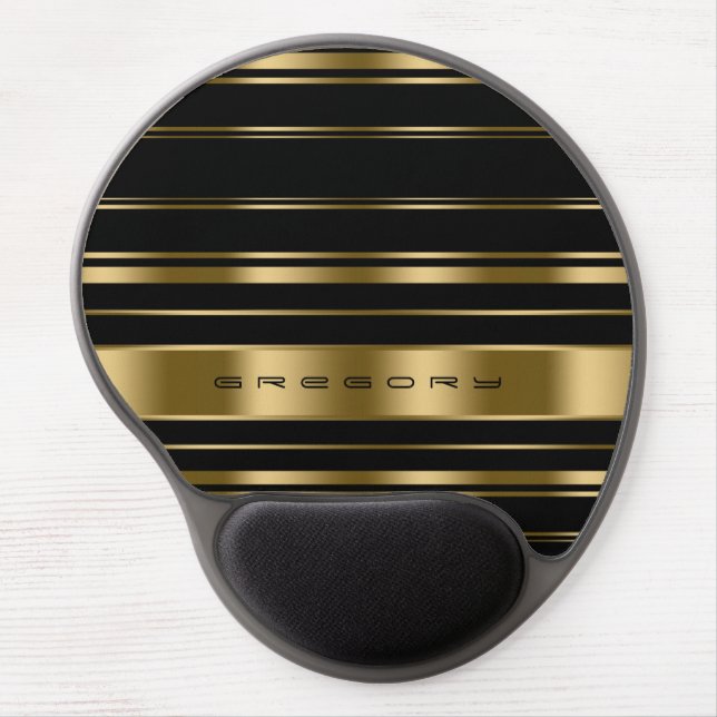 Elegant Monogramed Black And Gold Stripes Gel Mouse Pad (Front)