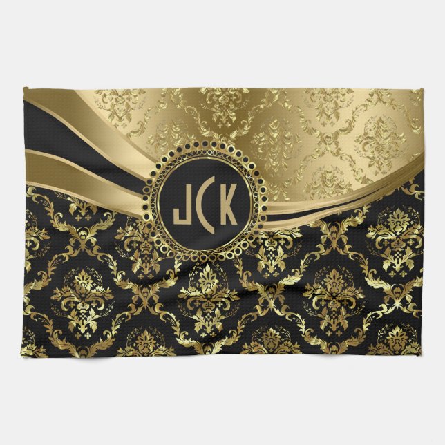 Elegant Monogramed Black & Gold Floral Damasks 2c Kitchen Towel (Horizontal)