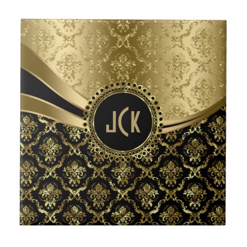 Elegant Monogramed Black  Gold Floral Damasks 2c Tile