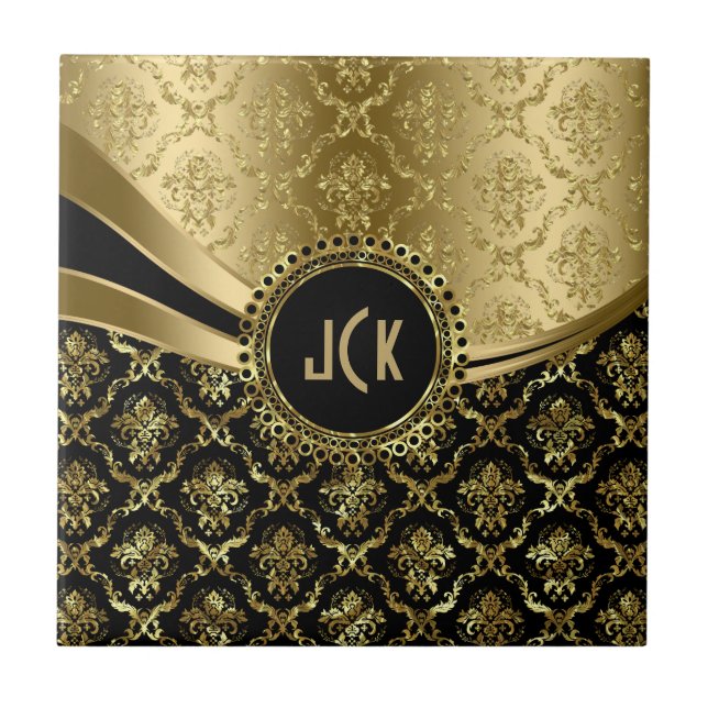 Elegant Monogramed Black & Gold Floral Damasks 2c Tile (Front)