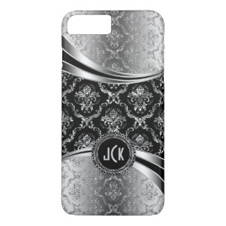 Elegant Monogramed Black & Silver Floral Damasks iPhone 8 Plus/7 Plus Case