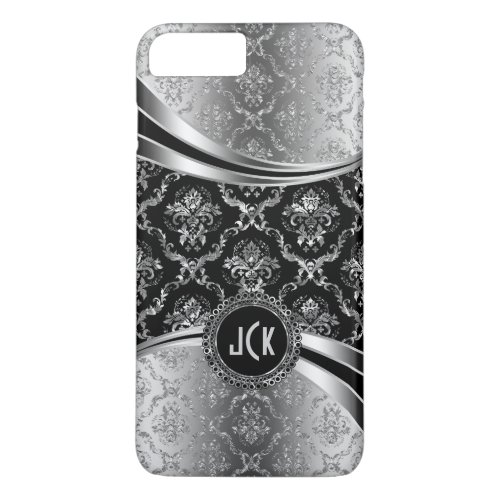 Elegant Monogramed Black  Silver Floral Damasks iPhone 8 Plus7 Plus Case