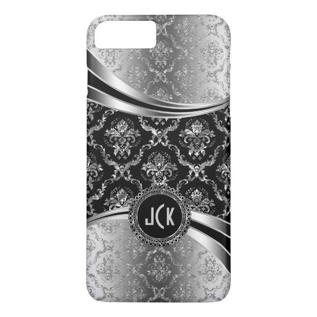 Elegant Monogramed Black & Silver Floral Damasks Case-Mate iPhone Case (Back)