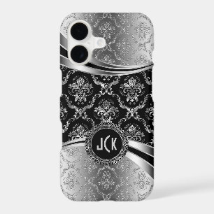 Elegant Monogramed Black & Silver Floral Damasks iPhone 17 Case