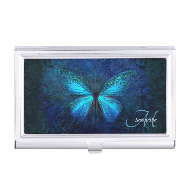 Elegant Monogramed Blue Butterfly Business Card Case (Front)