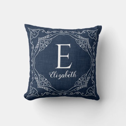 Elegant Monogramed Navy Blue Throw Pillow