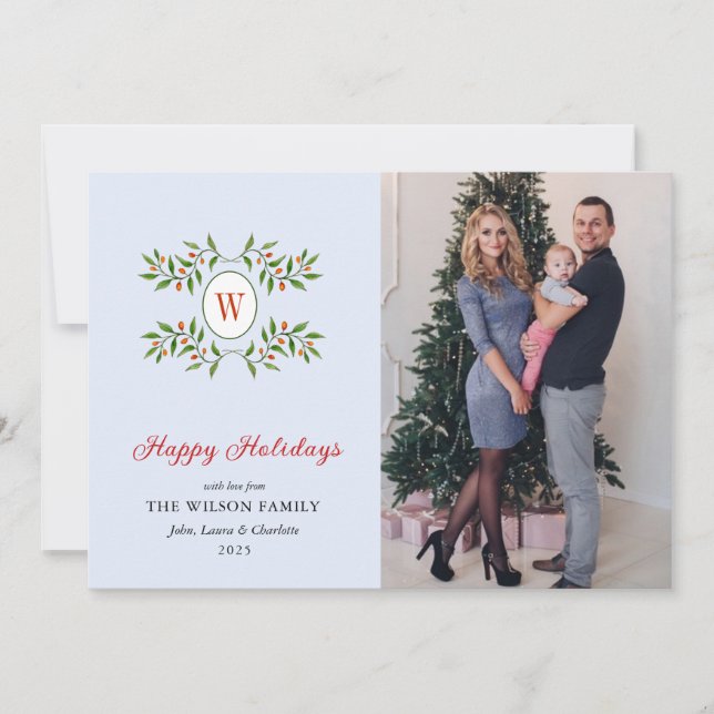 Elegant Monogramed wreath with Citrus Blue Holiday (Front)