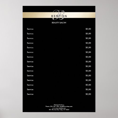 Elegant Monogramm Black Gold Pricelist  Poster