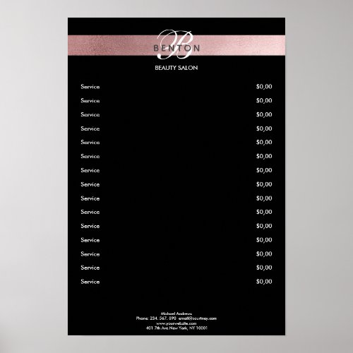 Elegant Monogramm Black Rosegold Pricelist  Poster