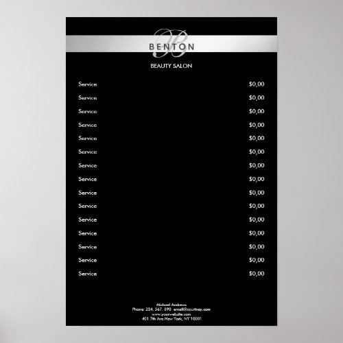 Elegant Monogramm Black Silver Pricelist Poster