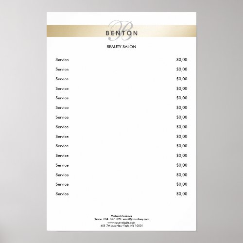 Elegant Monogramm White Gold Stripe Pricelist  Poster