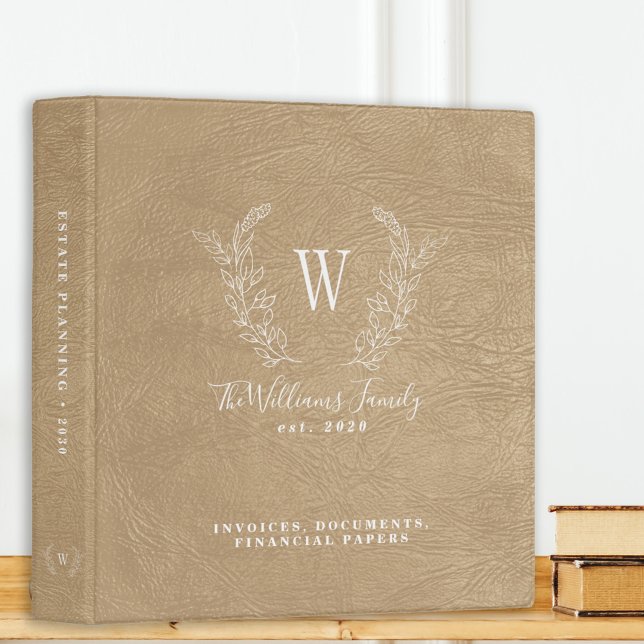 Elegant monogrammed beige leather estate planning 3 ring binder (Creator Uploaded)