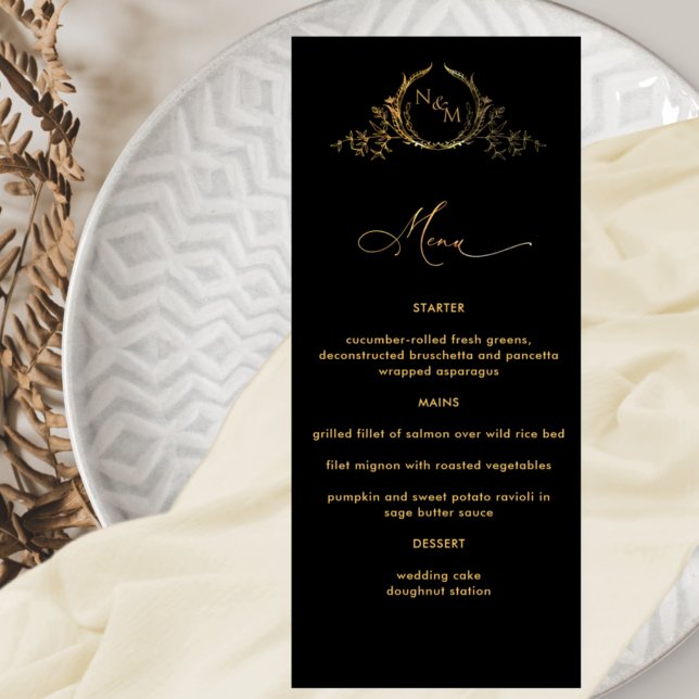 Elegant Monogrammed Black and Gold Wedding Menu (Creator Uploaded)