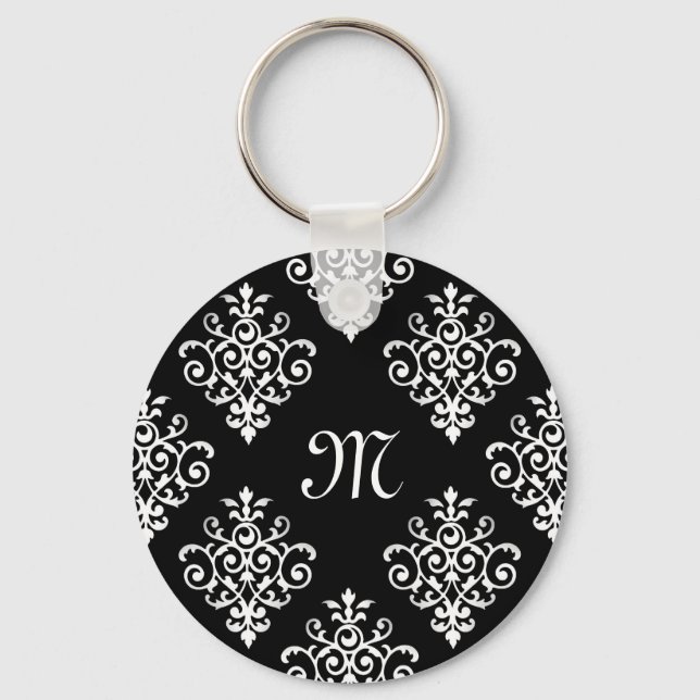 Elegant Monogrammed Black and White Damask Pattern Keychain (Front)