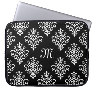 Elegant Monogrammed Black and White Damask Pattern Laptop Sleeve