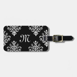 Elegant Monogrammed Black and White Damask Pattern Luggage Tag
