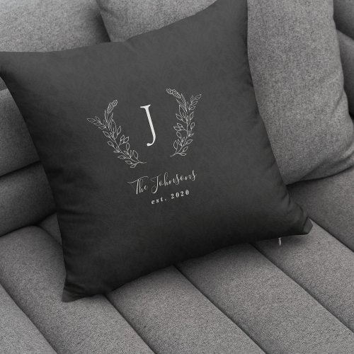 Elegant monogrammed black and white name throw pillow