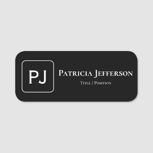 Elegant Monogrammed Black and White Professional Name Tag