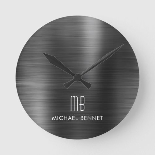 Elegant Monogrammed Black Brushed Metallic Round Clock