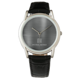 Elegant Monogrammed Black Brushed Metallic Watch