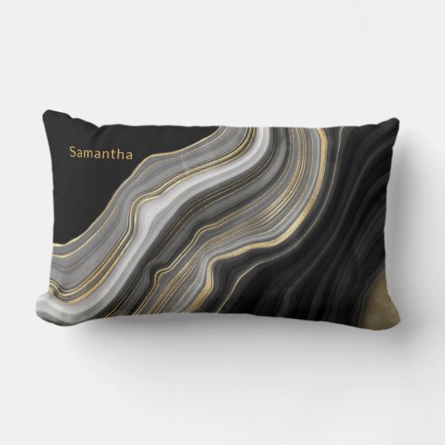 Elegant Monogrammed Black Gold and Gray Agate Lumbar Pillow