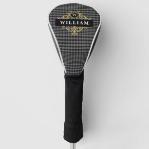 Elegant Monogrammed Black Gold and Gray Plaid Golf Head Cover