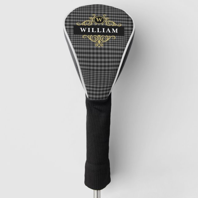 Elegant Monogrammed Black Gold and Gray Plaid Golf Head Cover (Front)