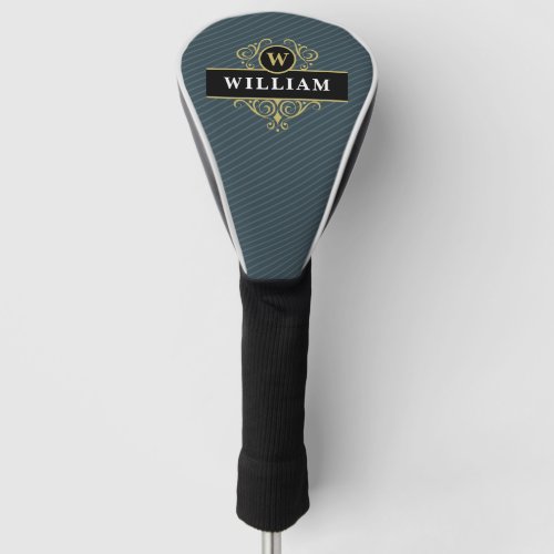 Elegant Monogrammed Black Gold Blue Pinstripe Golf Head Cover