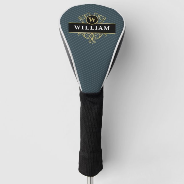 Elegant Monogrammed Black Gold Blue Pinstripe Golf Head Cover (Front)