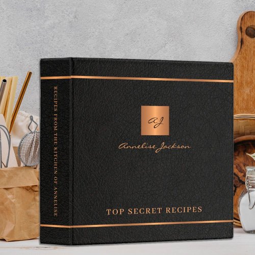 Elegant monogrammed black gold cookbook recipes 3 ring binder